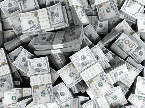 Money Pile of packs of hundred dollar bills stacks 3d render