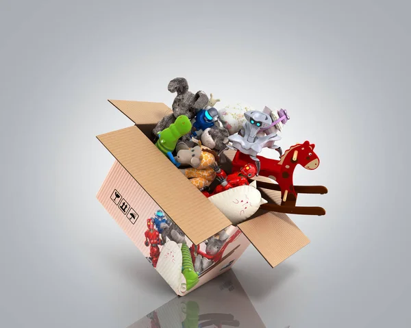 Концепція категорій товарів іграшки вилітають з коробки 3d рендерингу — стокове фото