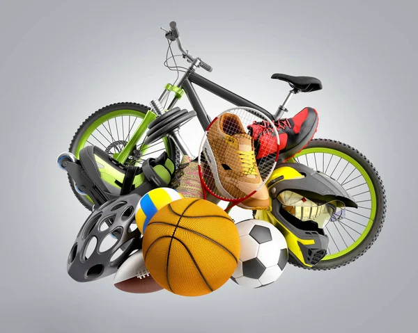 Concept of product categories sports wear and equipment on grey — Stock Photo, Image