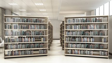 Kütüphane odası raflardan masa sandalye ile kütüphane Oda 3 ışık