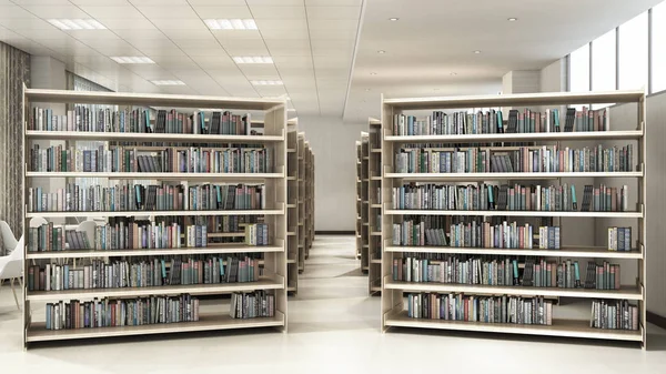 Библиотечная комната книжные полки столы со стульями светлая комната библиотеки 3 — стоковое фото