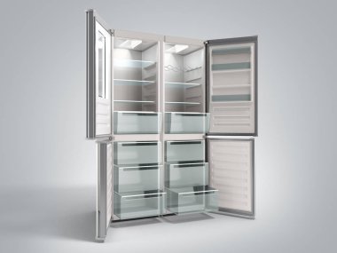 Boş açık paslanmaz çelik modern buzdolabı 3D illüstrasyon o