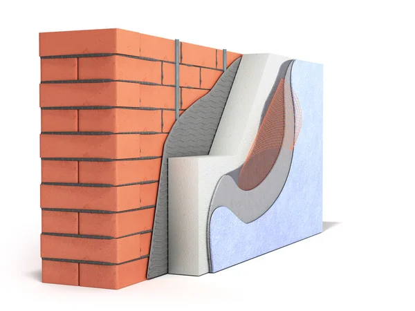 Концепция теплоизоляции слоистых кирпичных стен 3d рендеринг на белом — стоковое фото