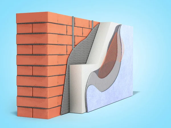Concepto de aislamiento térmico de pared de ladrillo laminado 3d renderizar en azul — Foto de Stock