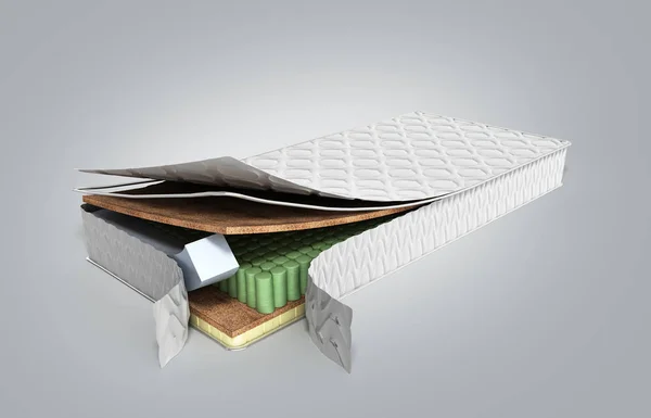 Colchão no corte 3d renderização em fundo gradiente cinza — Fotografia de Stock