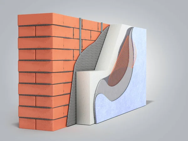 Muro di mattoni stratificato isolamento termico concetto 3d rendere sul grigio — Foto Stock