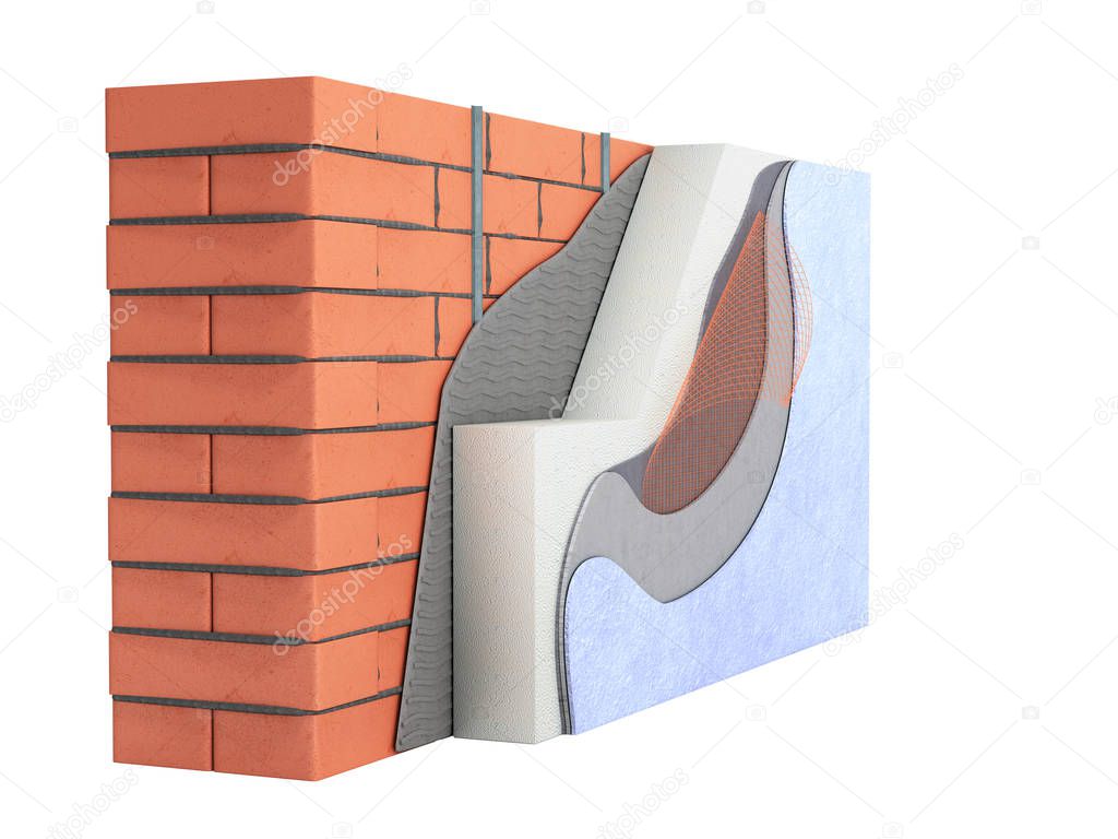 Layered brick wall thermal insulation concept 3d render on white