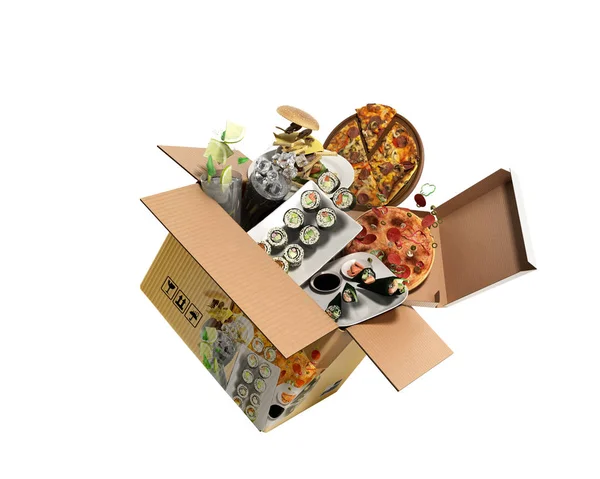Concetto di categorie di prodotti cibo volare fuori dalla scatola 3d render — Foto Stock