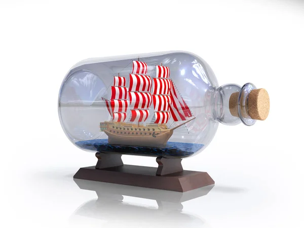 Navio em uma garrafa de renderização 3d na imagem branca — Fotografia de Stock