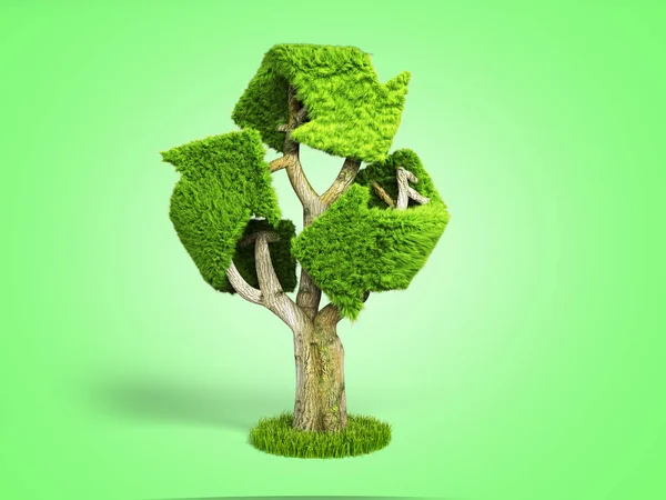 Zielona trawa powlekany recyklingu zielony znak jako drzewo 3D Render o — Zdjęcie stockowe