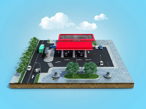 Grundstück Tankstelle mit Parkplatz im Erdgeschoss 3d render o — Stockfoto