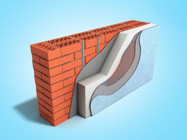 Katmanlı tuğla duvar ısı yalıtım konsepti 3d mavi render 