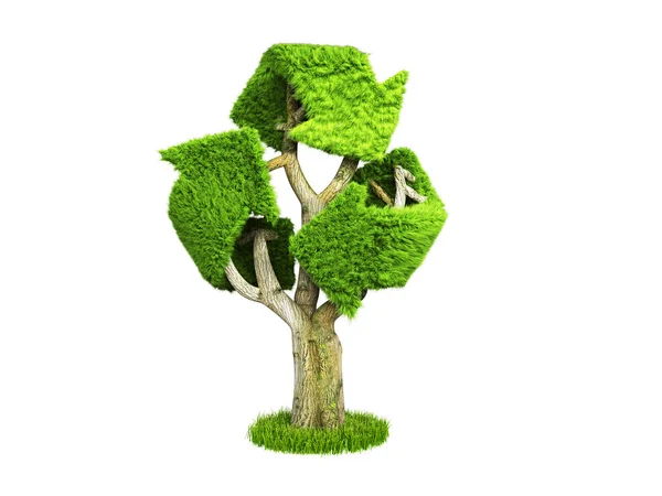 Panneau de recyclage enduit d'herbe verte volumétrique comme rendu 3d de l'arbre o — Photo