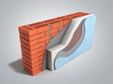 Layered brick wall thermal insulation concept 3d render on grey  clipart