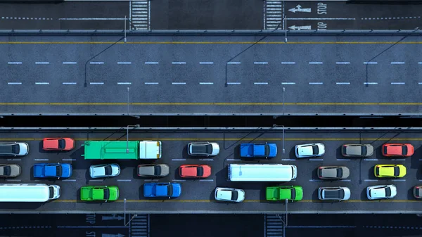 Coches en la carretera en el atasco de tráfico 3d rendir desde arriba — Foto de Stock