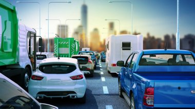 Trafik sıkışıklığında otoyoldaki arabalar 3d render sity manzara