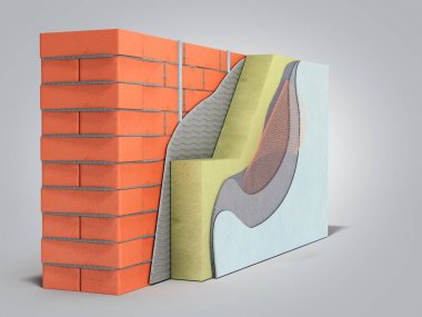 Katmanlı tuğla duvar ısı yalıtım konsepti 3d gri render 