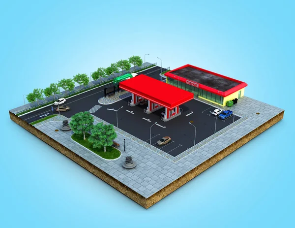 Grundstück Tankstelle mit Parkplatz im Erdgeschoss 3d render o — Stockfoto
