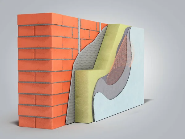 分层砖墙隔热概念 3d 渲染灰色 — 图库照片