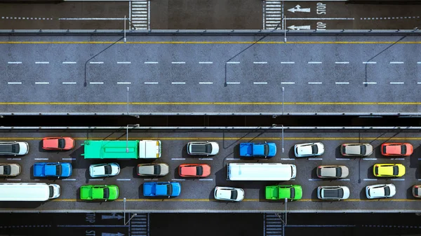 Trafik sıkışıklığı 3d üstten yolda otomobil — Stok fotoğraf