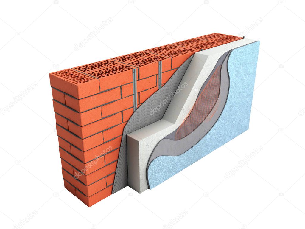 Layered brick wall thermal insulation concept 3d render on white