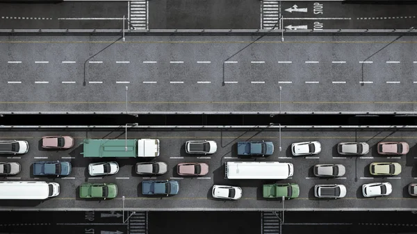 Trafik sıkışıklığı 3d üstten yolda otomobil — Stok fotoğraf
