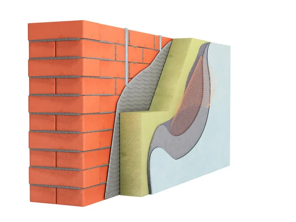 Концепция теплоизоляции слоистых кирпичных стен 3d рендеринг на белом — стоковое фото