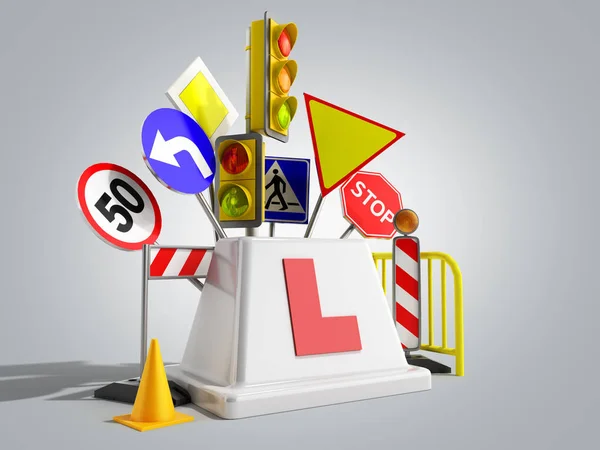 concept of driver school logo road signs traffic lights fencing