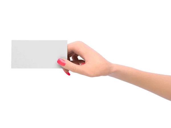 Mano femenina sostiene la tarjeta blanca 3d renderizar sobre un fondo blanco — Foto de Stock