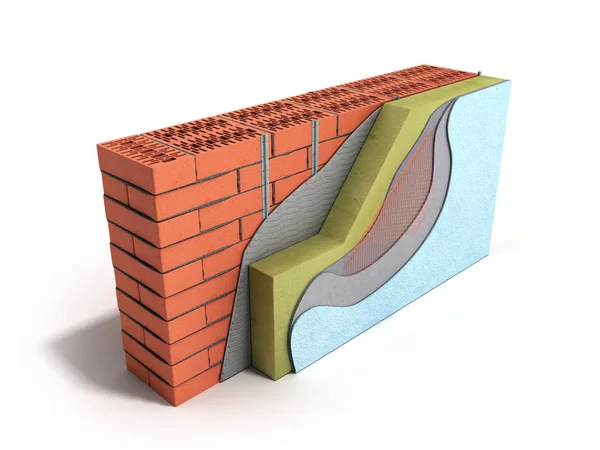 Gelaagde bakstenen muur thermische isolatie concept 3D renderen op wit — Stockfoto