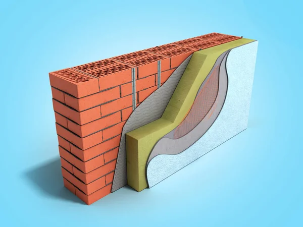 Gelaagde bakstenen muur thermische isolatie concept 3D renderen op blauw — Stockfoto