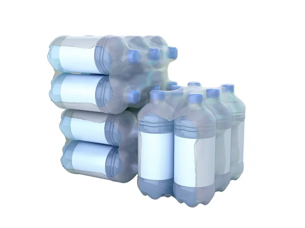 Pilha de garrafas pat em pacote embrulhado 3d render em branco no sh — Fotografia de Stock