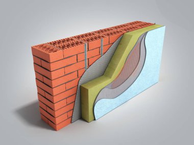 Katmanlı tuğla duvar ısı yalıtım konsepti 3d gri render 