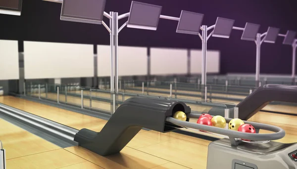Moderne bowling ruimte te wachten voor bezoekers ballen op bowlingbaan — Stockfoto