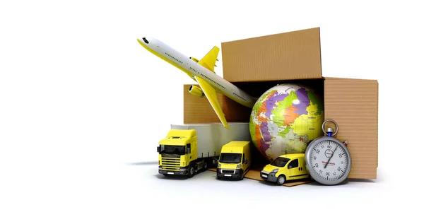 Delivery concept transport and the planet look out of the open b — Stock Photo, Image