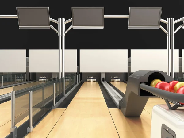 Modern bowling room waiting for visitors balls on bowling alley — Stock Photo, Image