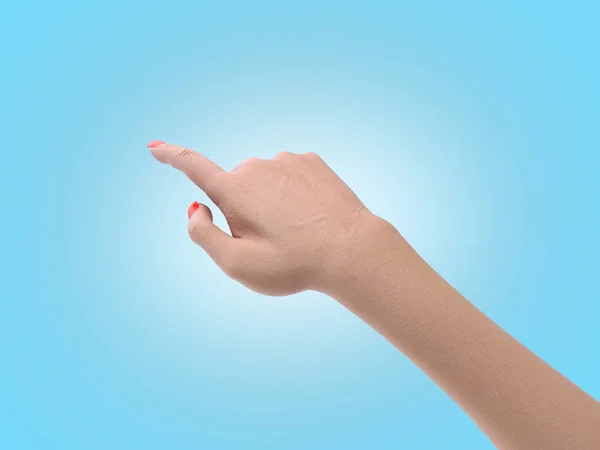 Kvinnlig hand röra eller pekar på något 3D Render på blå — Stockfoto