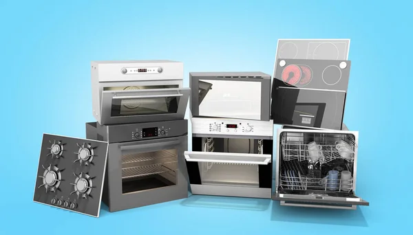 Home appliances built in Group of white 3d render on blue gradie — Stock Photo, Image