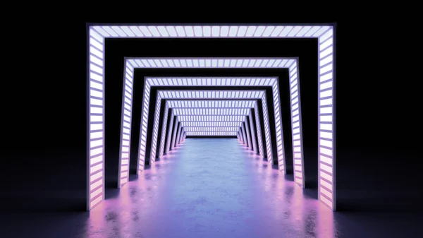 Abstrakte minimale Hintergrund glühende Linien Tunnel Neonlichter 3d — Stockfoto