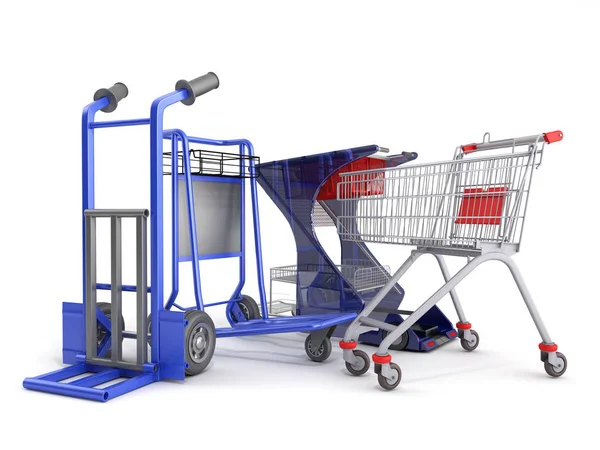 Een set van supermarkt trolleys voor verschillende ladingen 3D renderen op w — Stockfoto