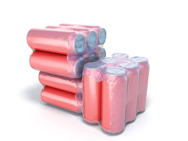 Červené kovové plechovky v obalovém balení 3D vykreslení na bílém — Stock fotografie