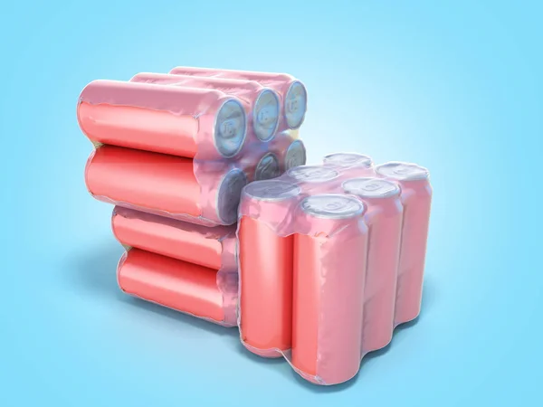 Latas de metal vermelho em pacote embrulhado 3d render em gradiente azul — Fotografia de Stock
