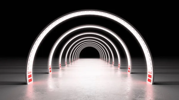Abstrak minimal latar belakang putih bersinar cyrcle baris terowongan ne — Stok Foto