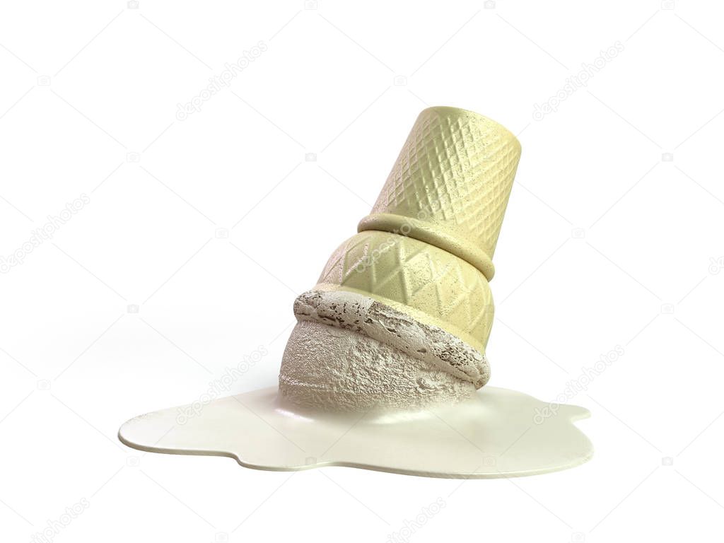 melted vanilla ice cream in a waffle cup 3d render on white