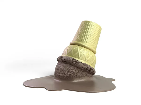 Растаявшее шоколадное мороженое в вафельной чашке 3d рендерить на белом — стоковое фото