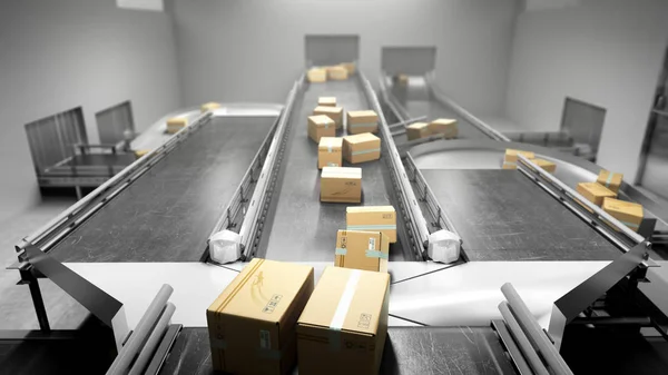 Modern sıralama sistemi konveyör kavramı karton kutuları iletmek — Stok fotoğraf