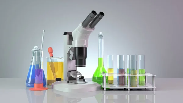 Test tubes and flasks with reagents stand next to the microscope — Stock Photo, Image