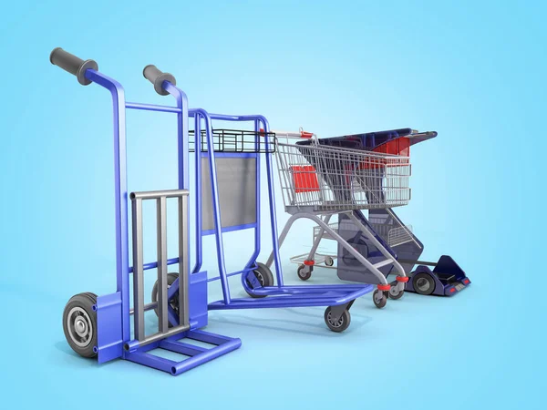 Um conjunto de carrinhos de supermercado para diferentes cargas 3d render em b — Fotografia de Stock