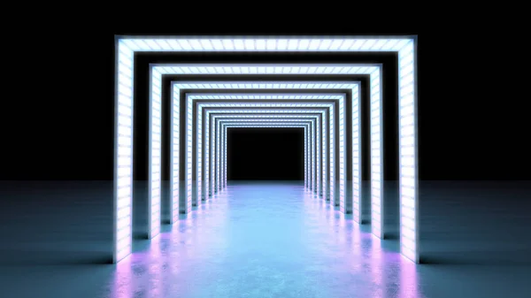 Abstract minimale achtergrond gloeiende lijnen tunnel neonlichten 3D — Stockfoto