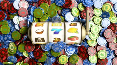 arka plan 3d render görüntü olarak farklı renk casino yongaları üzerinde slot makinesi
